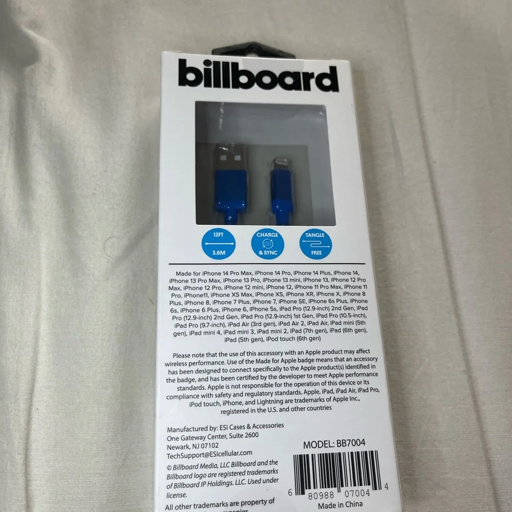 12FT Blue Lightning to USB-A Cable for iOS Devices